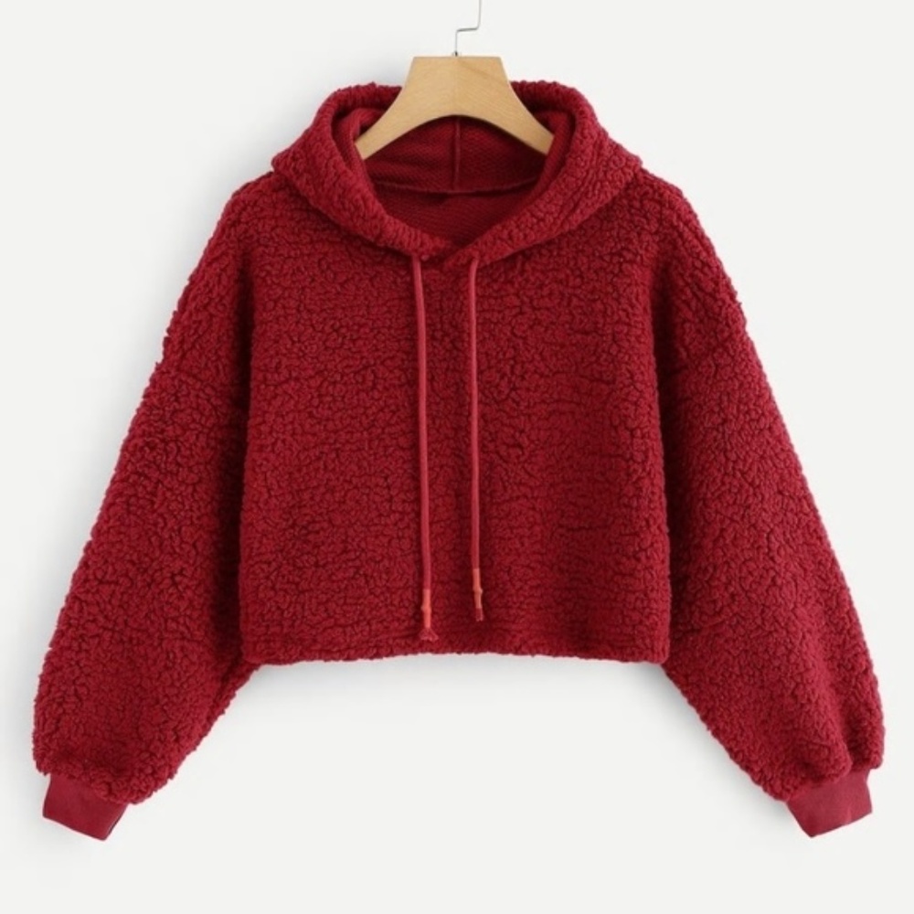 Fuzzy Red Crop Drawstring Hoodie